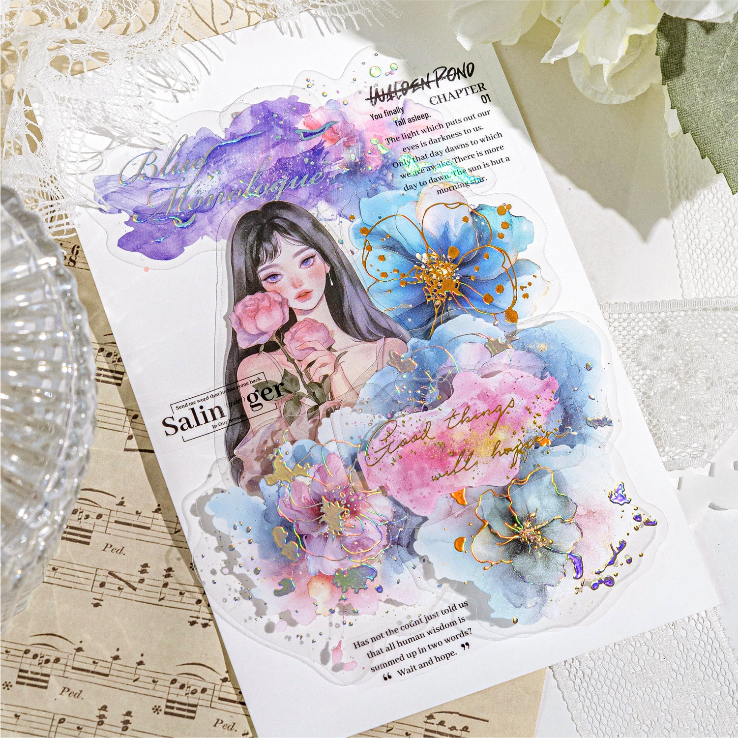 Holographic Waterproof Silver Floral Stickers 20 Sheets for Scrapbooking Journal DIY Decoration Collage Diary Supplies