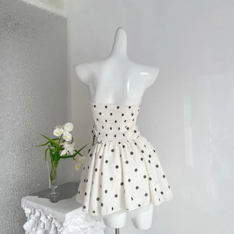 Summer Sweet Lolita 2 Piece Set Women Polka Dot Lace Trim Bow Strapless High Waist Puff Skirt Kawaii Princess Daily Chic Outfits