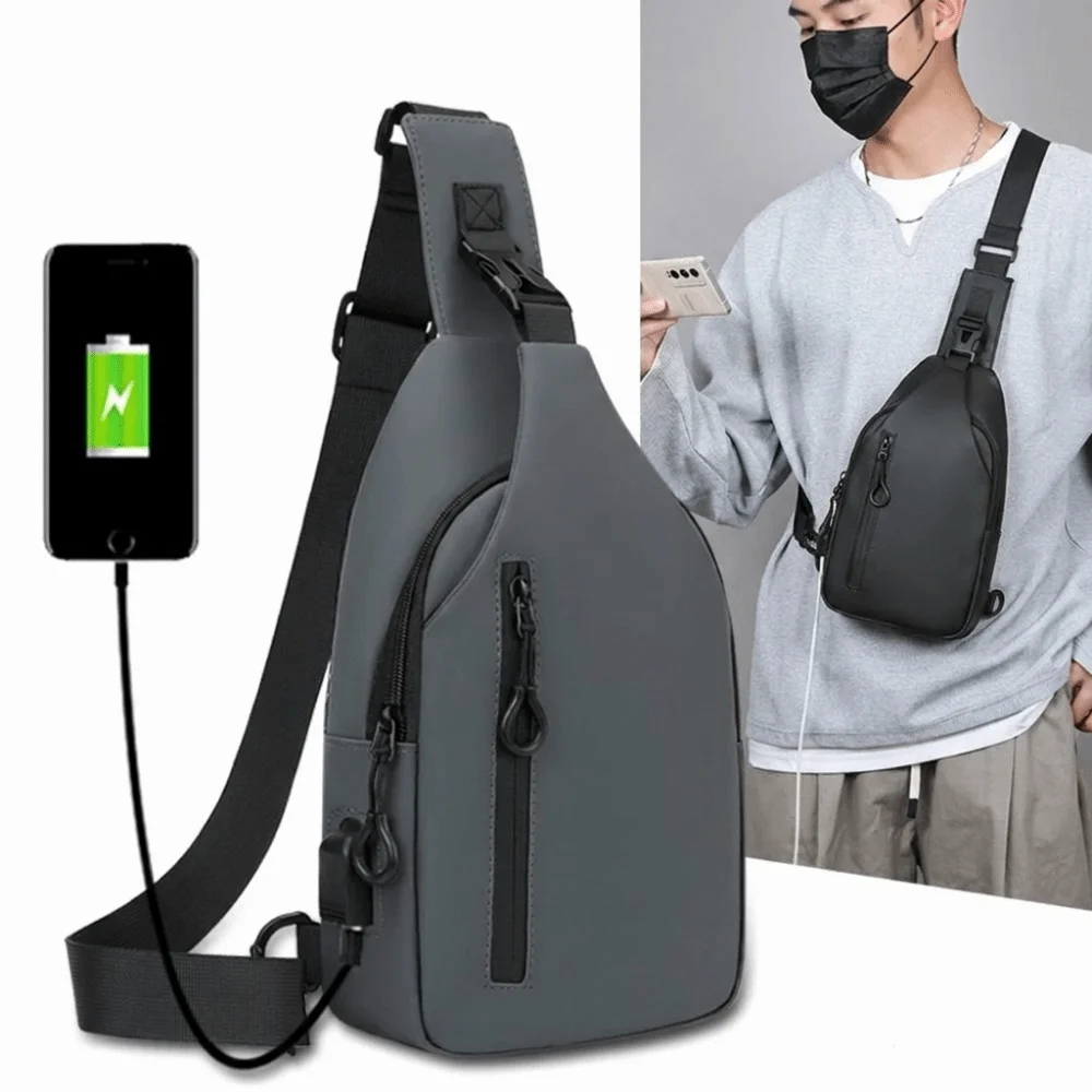 New Nylon Chest Bag Solid Color USB Charging Crossbody Bag Large Capacity Waterproof Men Handbag Outdoors