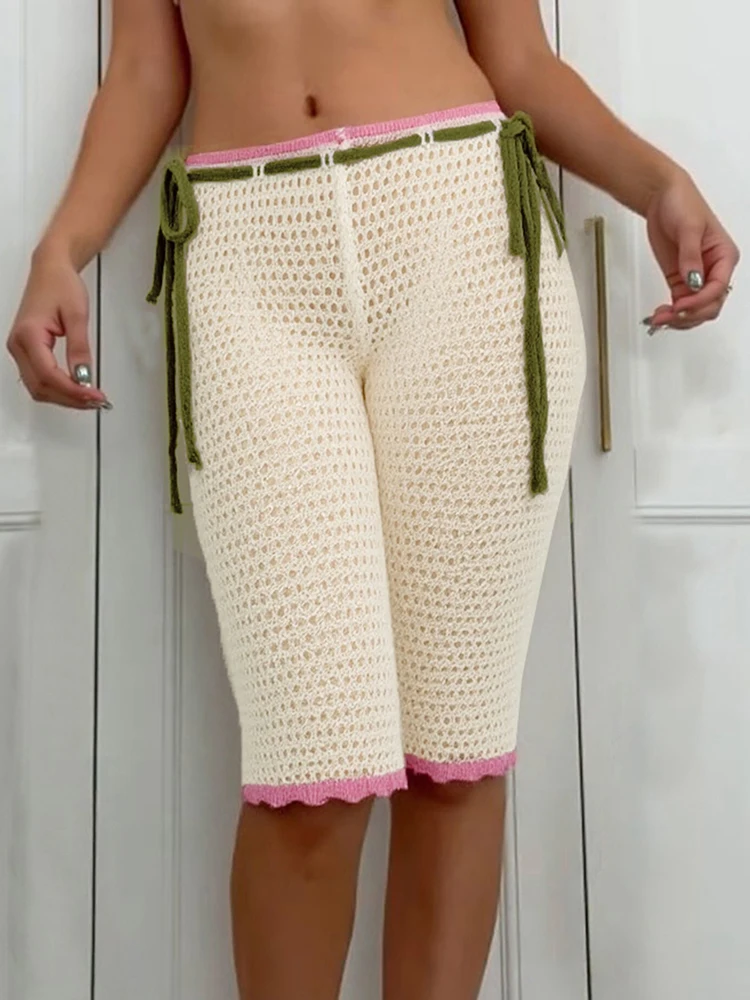 Macheda Kontrast Patchwork Shorts Frauen Häkeln Hohl Raffen Verband Hohe Taille Dünne Stretch Wrap Hüfte Sexy Mode Böden