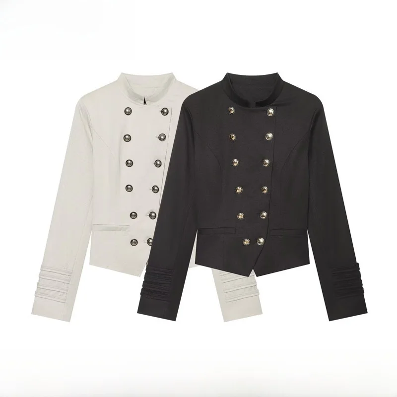 Fashionable Early Autumn Women's Jacket Double Row Buttons Turn-down Collar ZR Style Short Outerwear Polyester Fiber Slim Fit