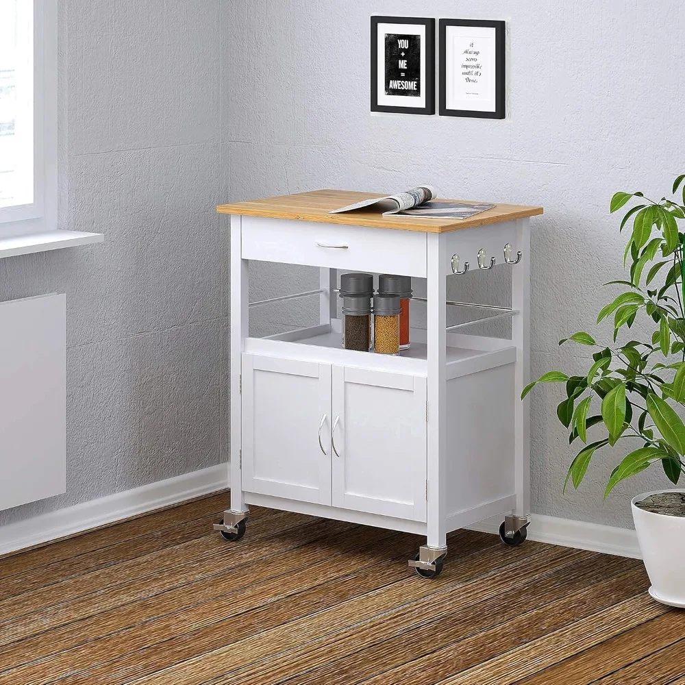 عربة جزيرة المطبخ مع سطح من الخيزران ودرج وخزانة تخزين وعجلات باللون الأبيض #2