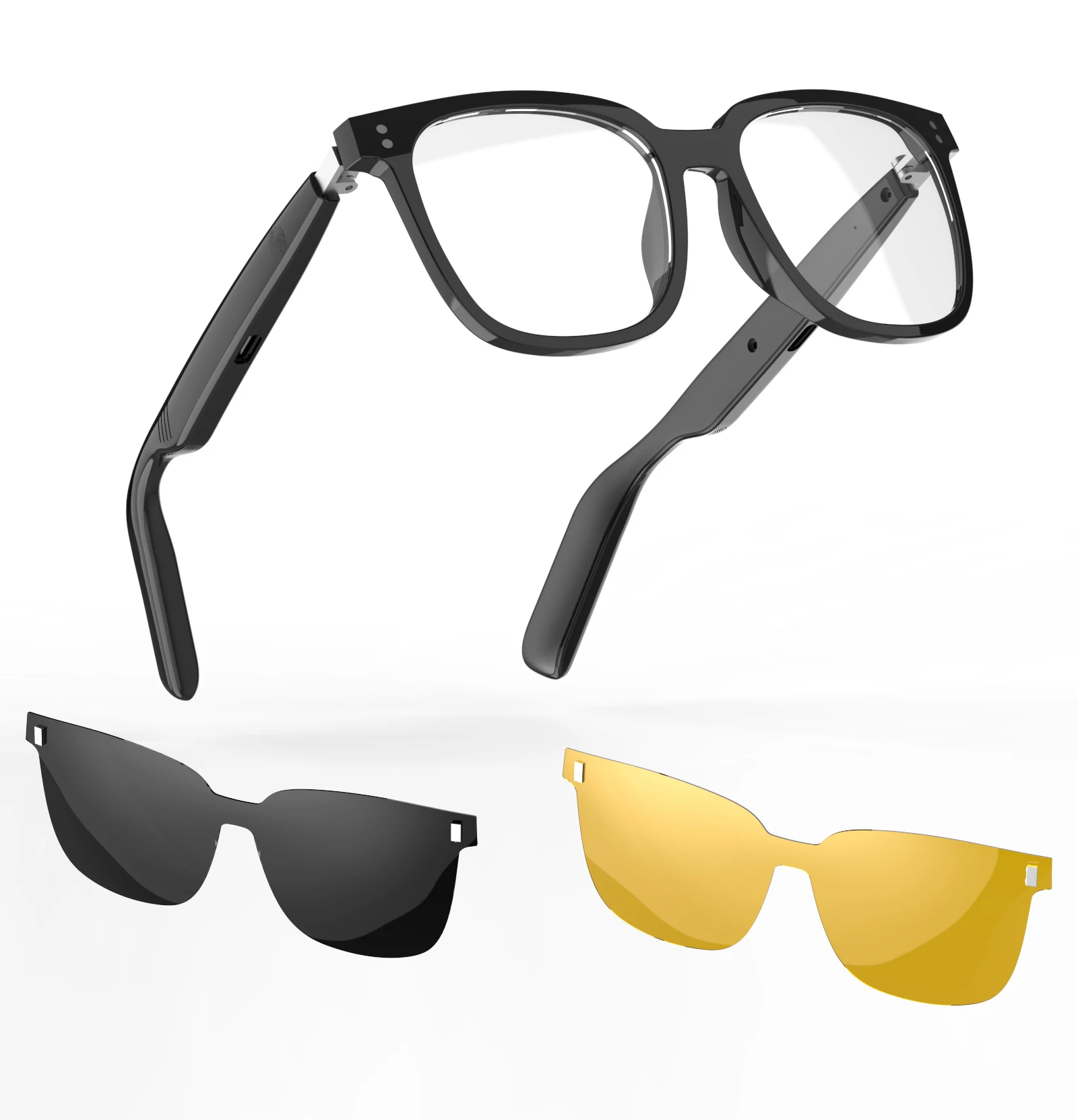 SG19 Bluetooth Wireless Earbuds, Smart Glasses, Microphone,Two magnetically attached anti-UV sun lenses are included.