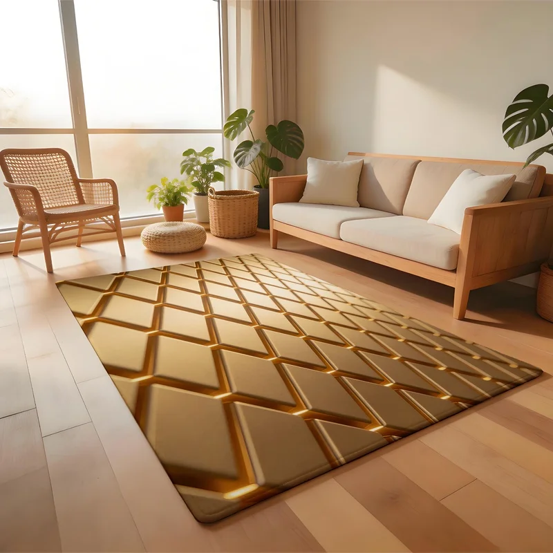 Luxury Golden 3D Visual Geometric Tile Bath Mat Super Absorbent Diatomaceous Earth Mat Non-Slip Quick Dry Bathroom Floor Rug for