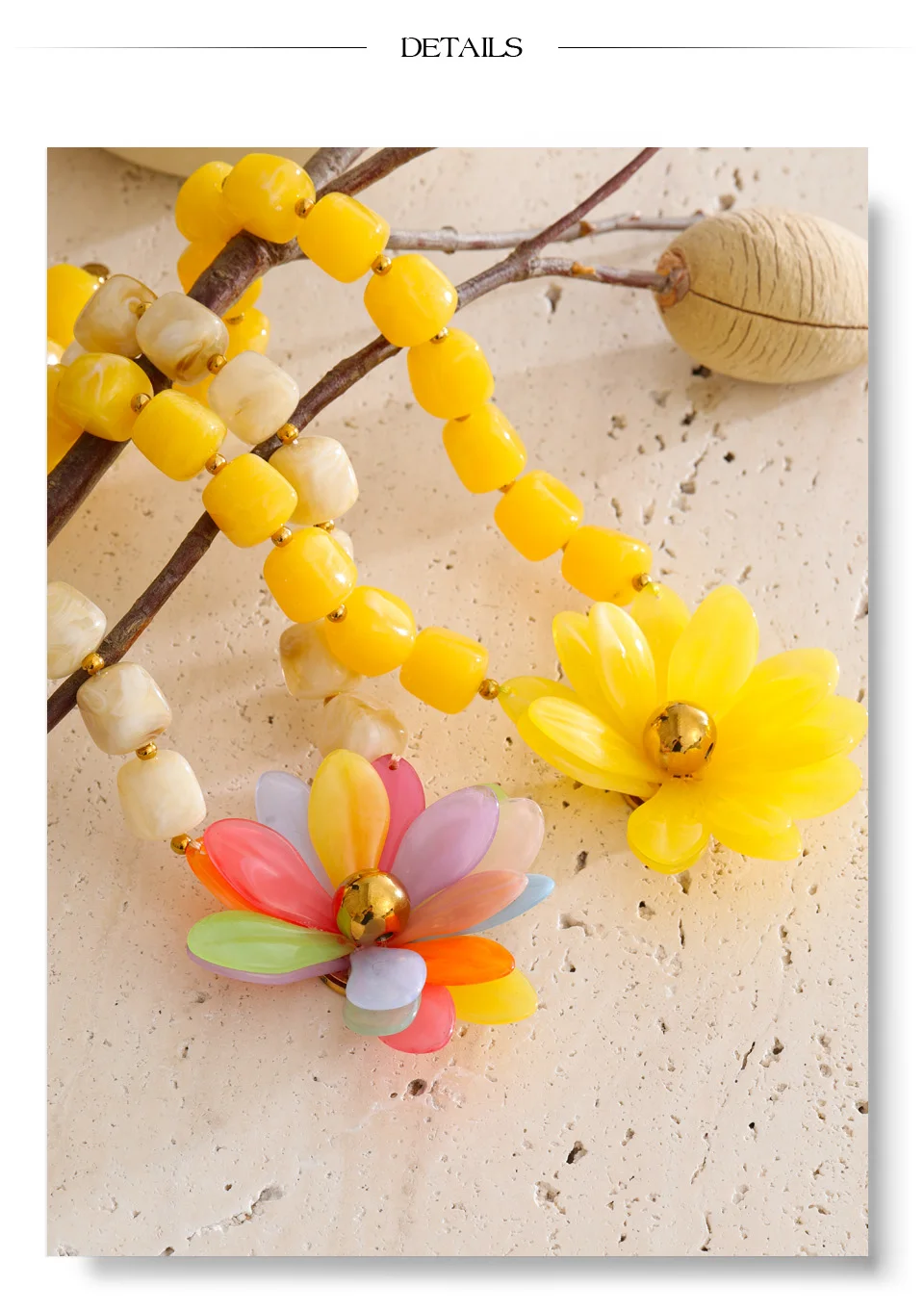 Yhpup Bunte gelbe Acrylharz-Perlenkette mit Blumenanhänger, Statement-Halskette, wasserfest, handgefertigt, Neuheiten, Schmuck – Detail 6