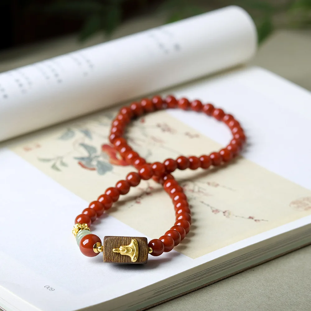 Chinese style South Red Agate Double Circle Hand String Cultural Play Green Qinan Patch Non phase Buddha Bracelet