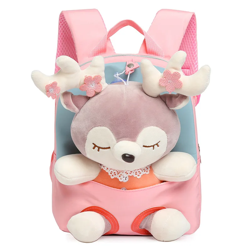 Cartoon Children Backpack Detachable 3D Elk Doll Cute School Bag Fashion Lightweight Large Capacity Girls Shoulders Bag Mochila