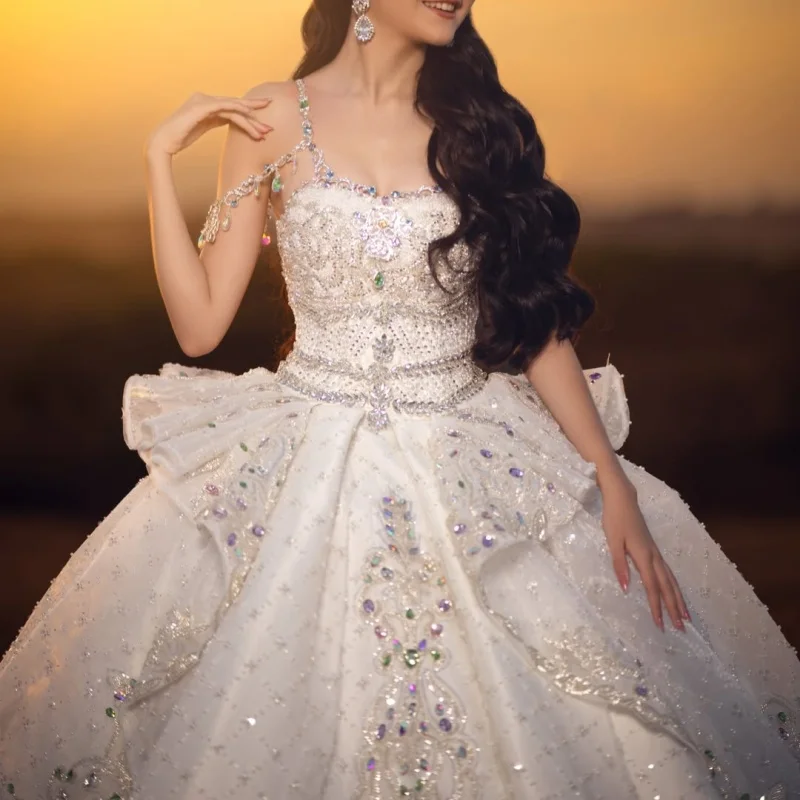 

Shiny White Quinceanera Dress off-shoulder Glitter Crystal Decal Lace Layering Long tail vestidos de 15 Quinceanera ﻿Customize
