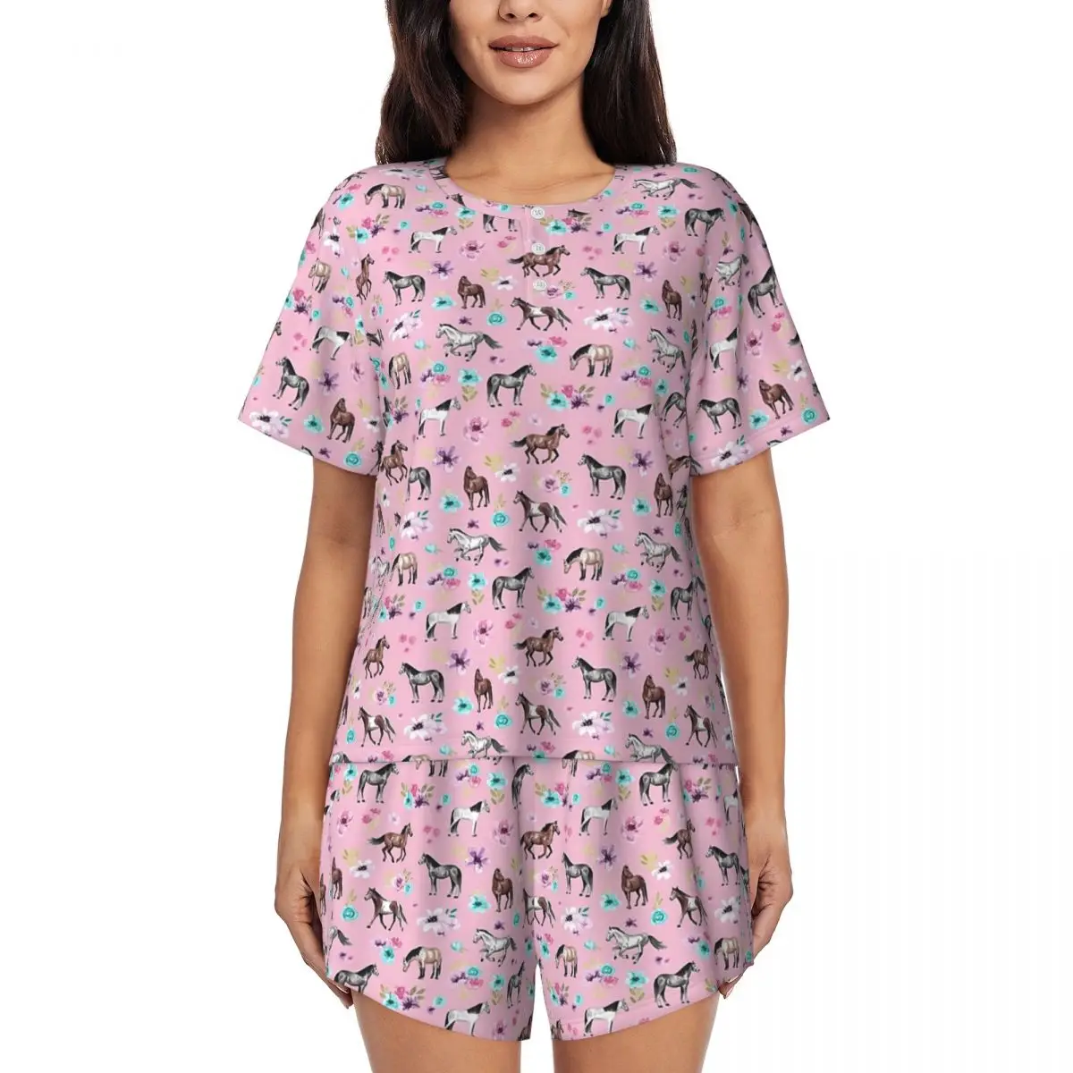 

Horses And Flowers On Pink, Equestrian Art, Horse Round Neck Short Sleeves Nightdress for Sleeping Women Pajama Set Short Pants