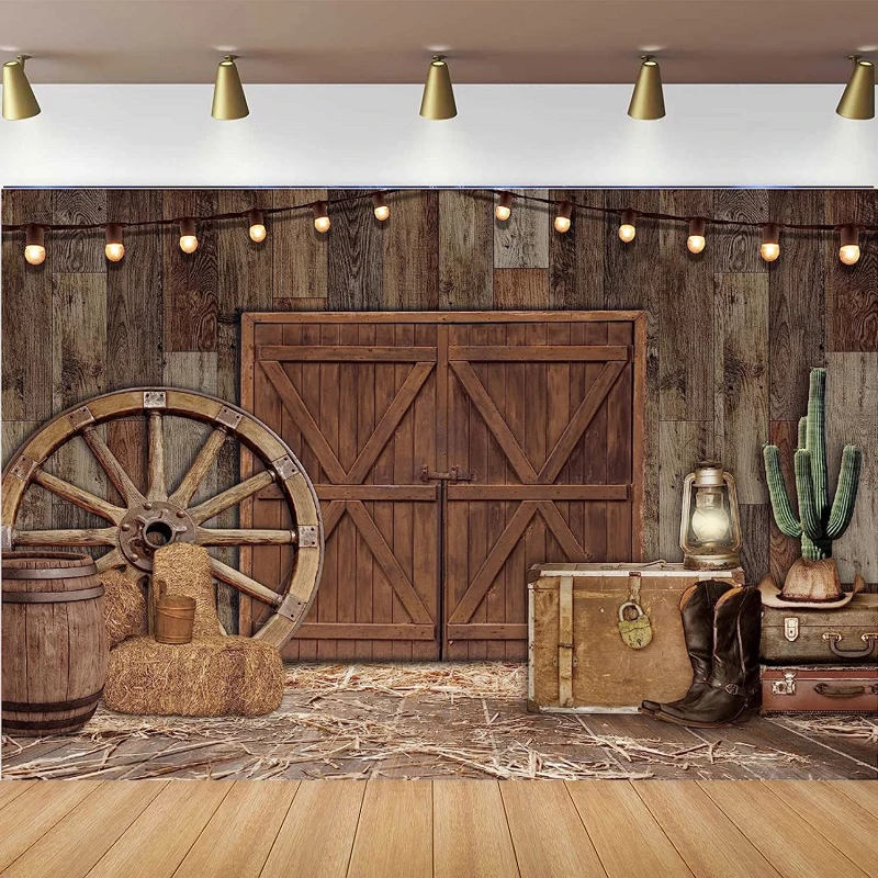 Wild Western Cowboy Photography Backdrop Wooden House Barn Door Wheel Rustic Country Farmhouse Baby Shower Birthday Background