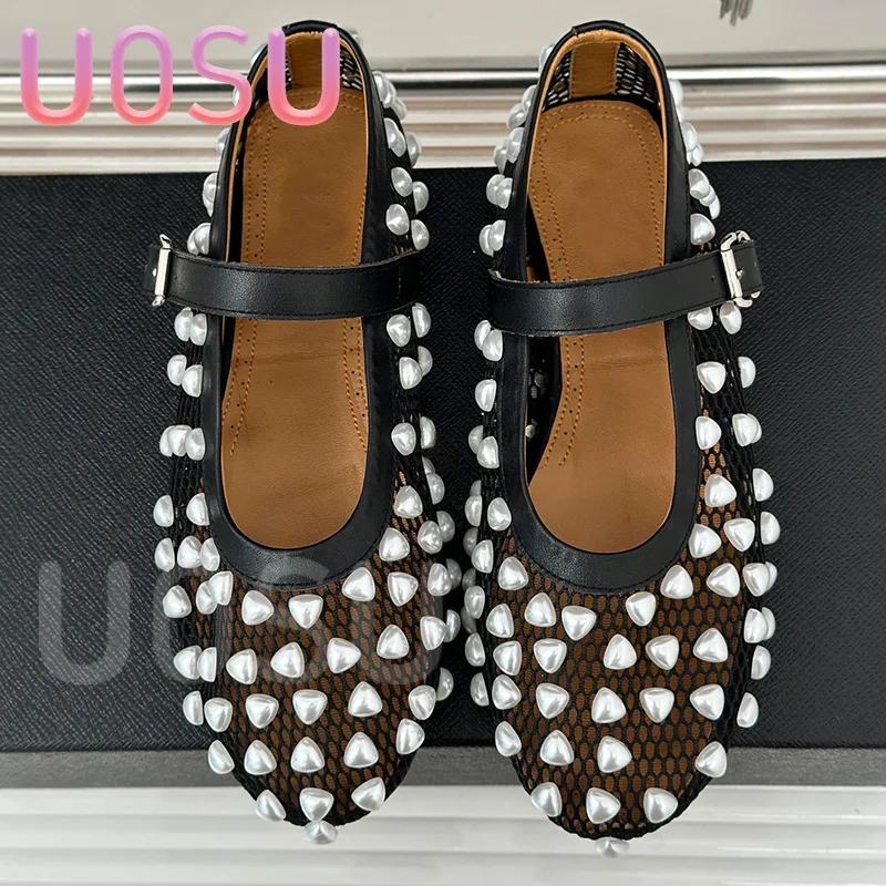 

Women Ballet Shoes Casual Flat Mesh Hollow Pearls Loafers Designer Sheepskin Flat Female Shoes Vintage Mary Jane Shoes