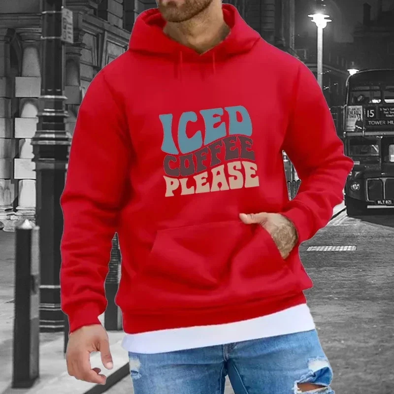 ICED COFFE PLEASE Print Hoodies Autumn Winter Fleece Top with Pocket Men's Casual Long Sleeve Outdoor Sport Clothes