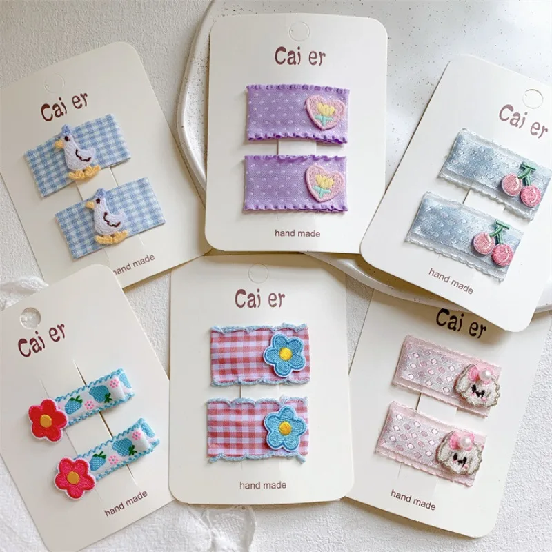 

Cute Square Plaid Hair Clips with Embroidery Flower Heart Dog Pattern for Girls Soft Grip No Crease Baby Daily Use Hair Pins