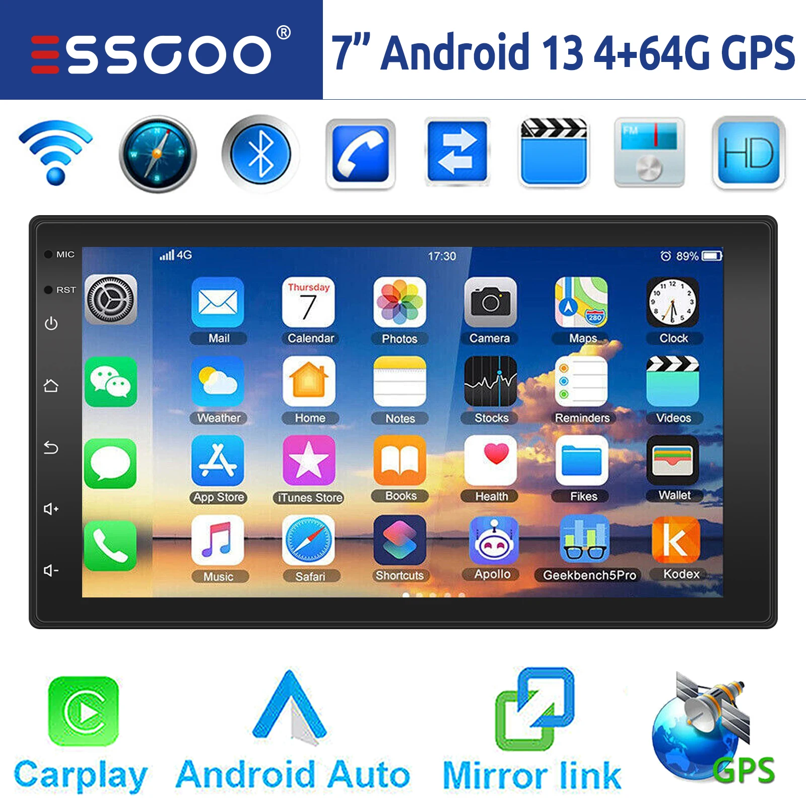 ESSGOO 7インチ Android 13 4+64G Apple Carplay Android オートカーステレオラジオ ダブル 2 DIN GPS ナビ Bluetooth FM RDS Bluetooth WIFI USB