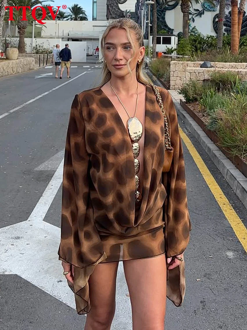 

TTQV Sexy Loose Print Women's Dress 2026 Spring V-Neck Long Sleeve Mini Dresses Lady Elegant Classic Female Dress Streetwear