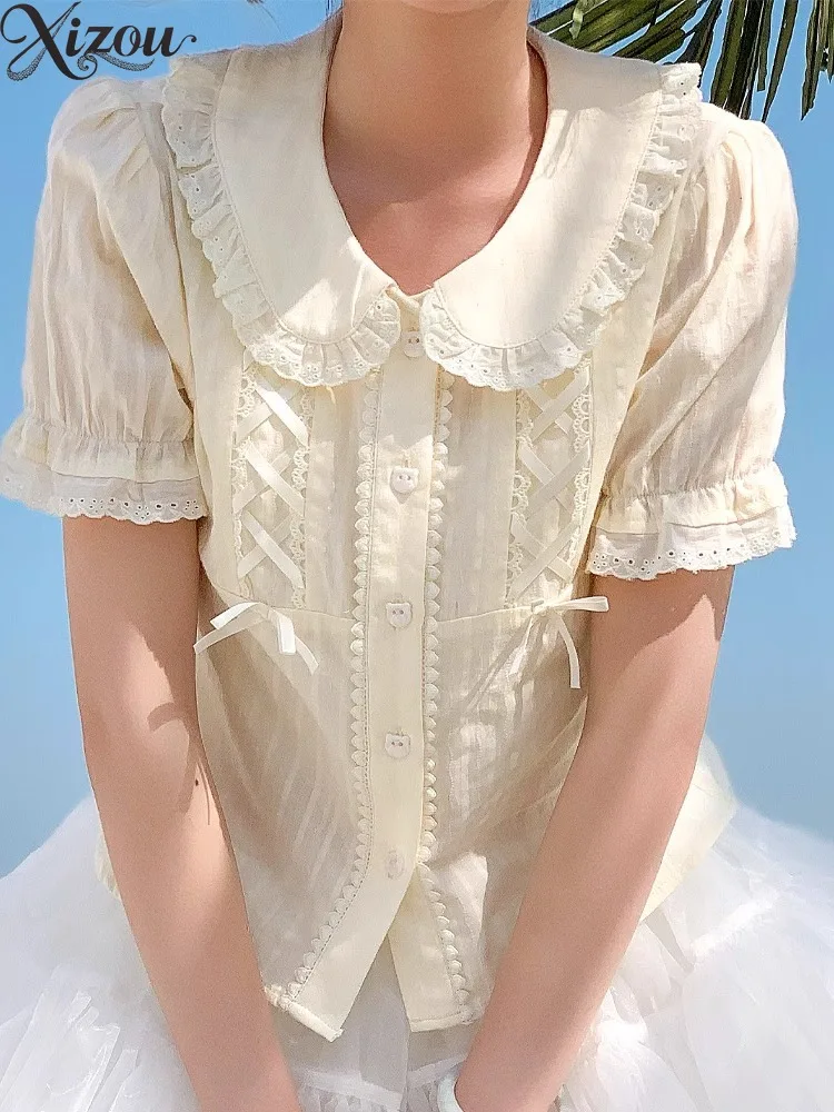 

White Sweet Shirts Lolita Blouse Peter Pan Collar Puff Sleeve Lace Trim Cotton Summer Short Top Y2k Kawaii ​women 2025 Princess