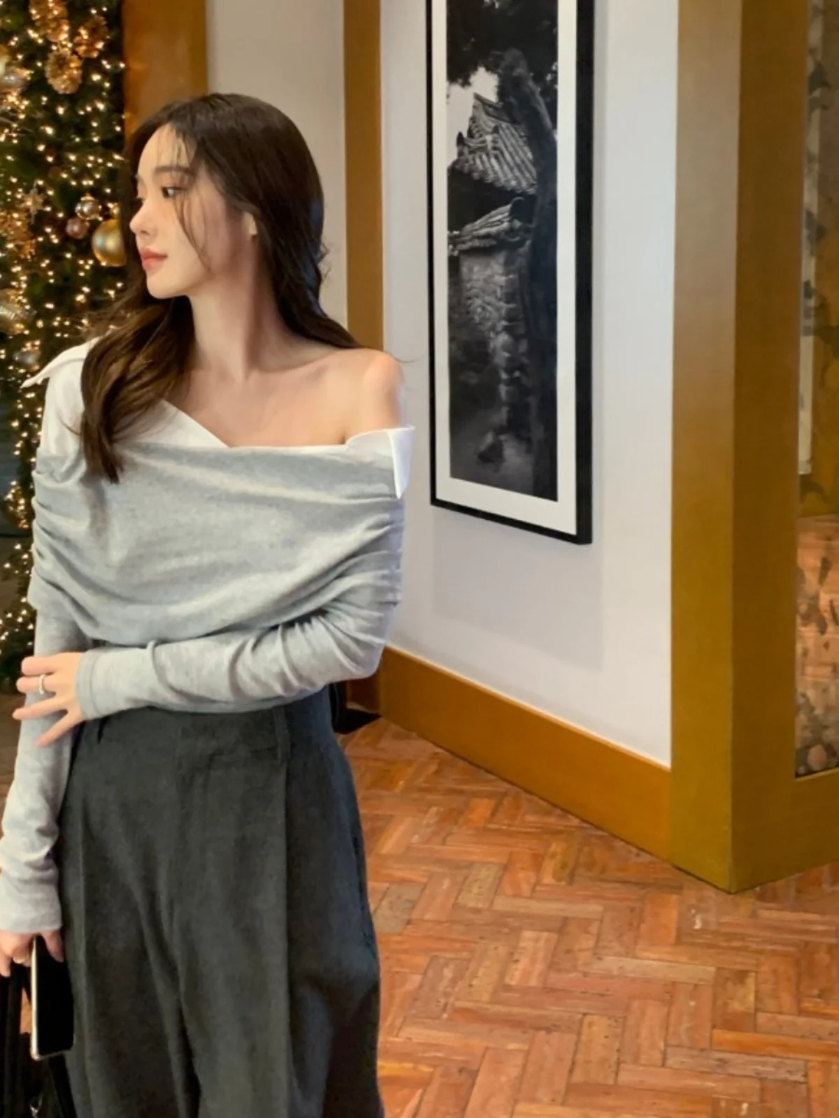 

Retro Early Spring Women's irt Chic Stand Collar oulder Bared Long Sve Faionable Patchwork Slim Fit Korean Sle Top