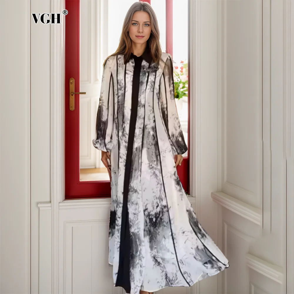 

VGH Printing Spliced Belt Chic Long Dresses For Women Lapel Lantern Sleeve High Waist Elegant Dress Female Fashion Style New