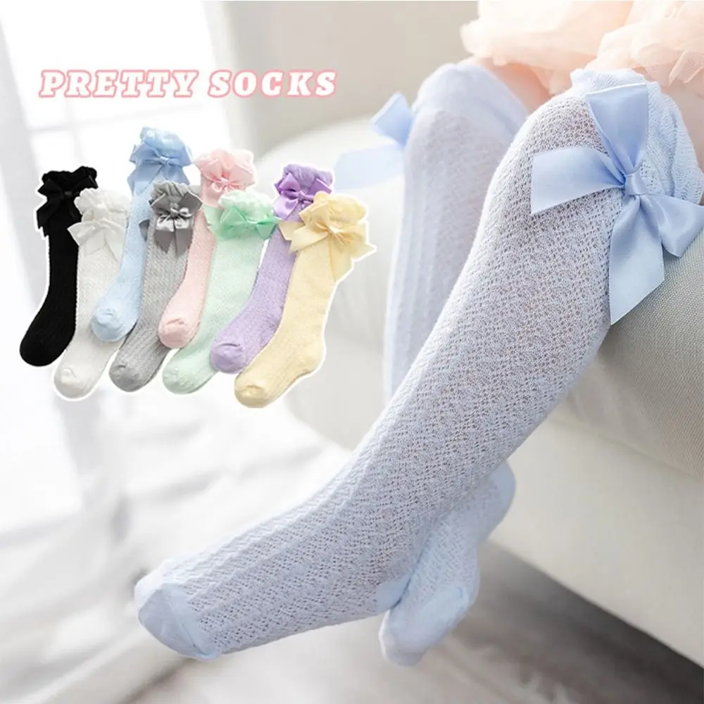 

Breathable Solid Color Bow Lace Socks Bubble Socks Autumn&Winter Mid-Tube Hosiery Mesh Korean Style Thin Stockings Women