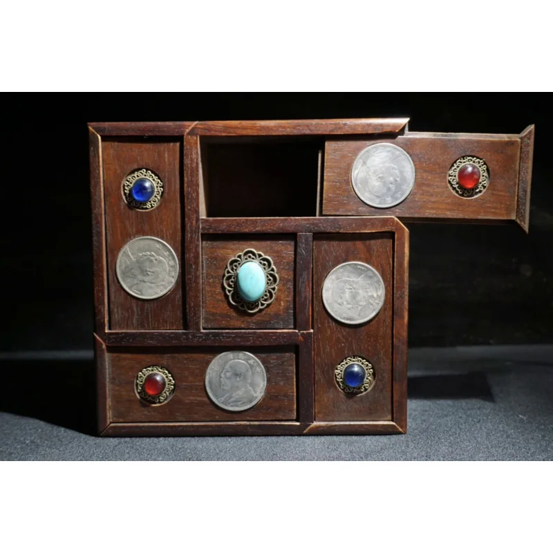 Exquisite Retro Silver Dollar Rosewood Storage Box Ornaments