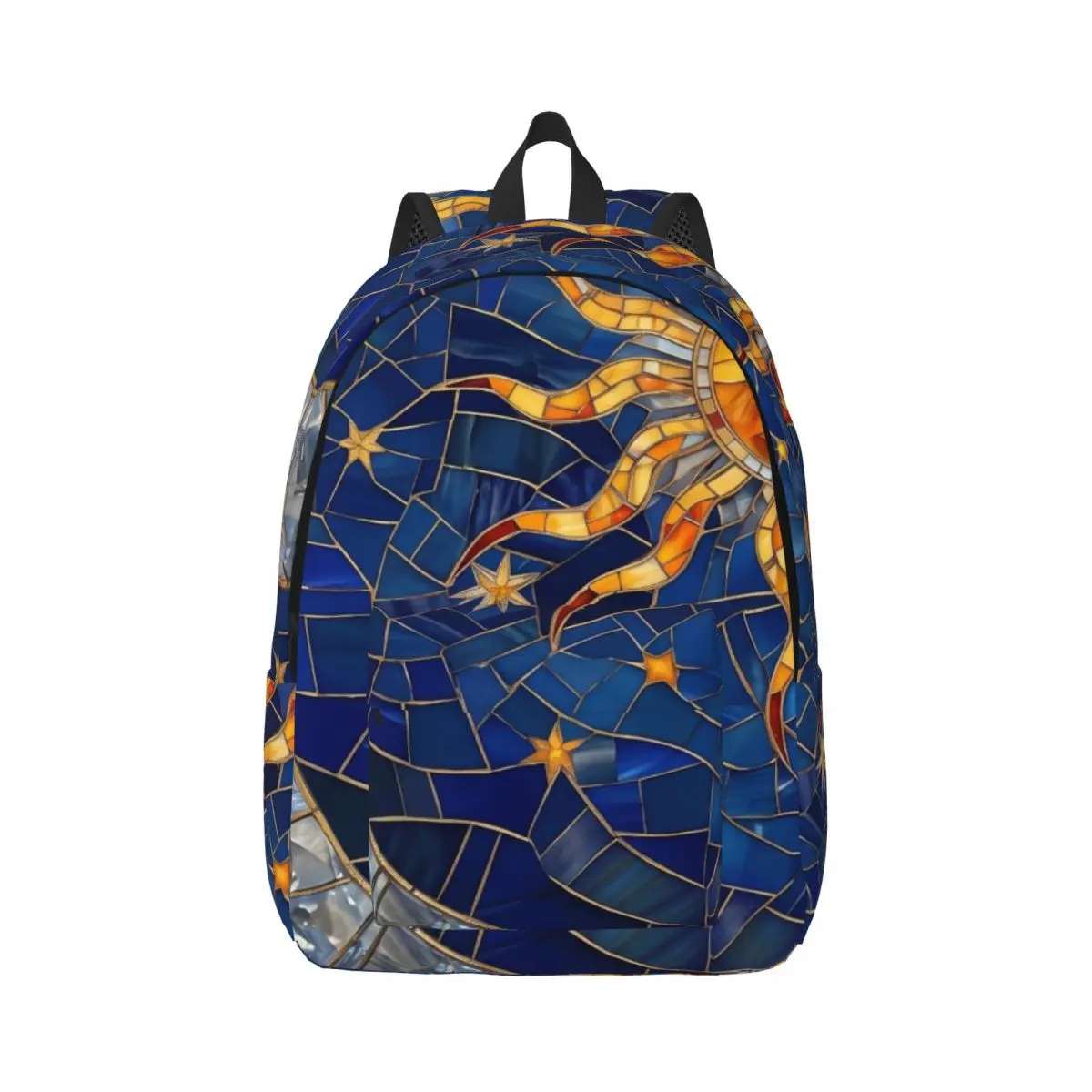 Student Backpack Center Sun Moon Celestial Mosaic Blue Yellow White Trendy Bookbag for Women Girls College Weekend Trip Teens