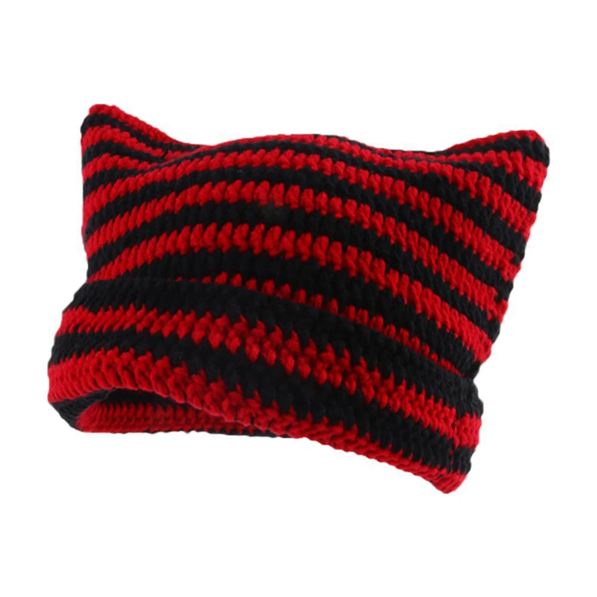 Cute Cat Ears Beanie Hats for Women Winter Striped Korean Punk Gothic Y2K Wool Knitted Streetwear Handmade Crochet Bucket Cap