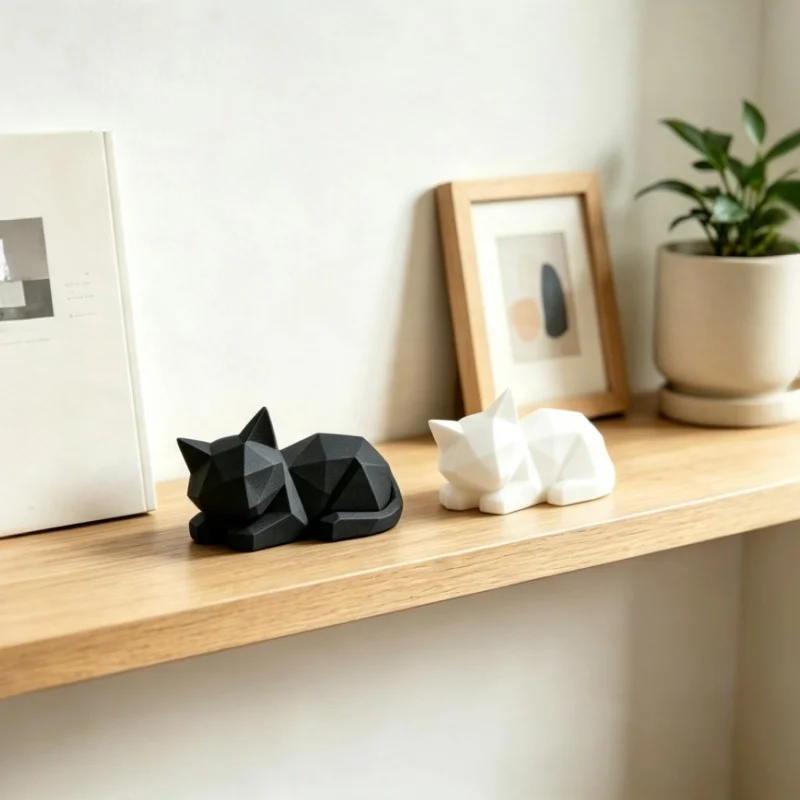 Geometric Lying Cat Figurine, Polygon Cat Tabletop Ornament, Abstract Animal Decor for Bedroom & Living Room, 3D‑Printed Gift