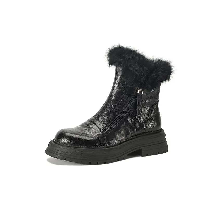 Krazing Pot Schafsleder Fell Runde Zehen Winter Warme Western Schneestiefel Med Heels Reißverschluss Vintage Ins Europäischen Stil Stiefeletten