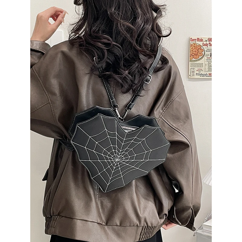 Latest Girls Medium Backpack Peach Heart Shaped Spiderweb Pattern Leather Shoulder Bag Female Fashion Punk Crossbody Phone Bag