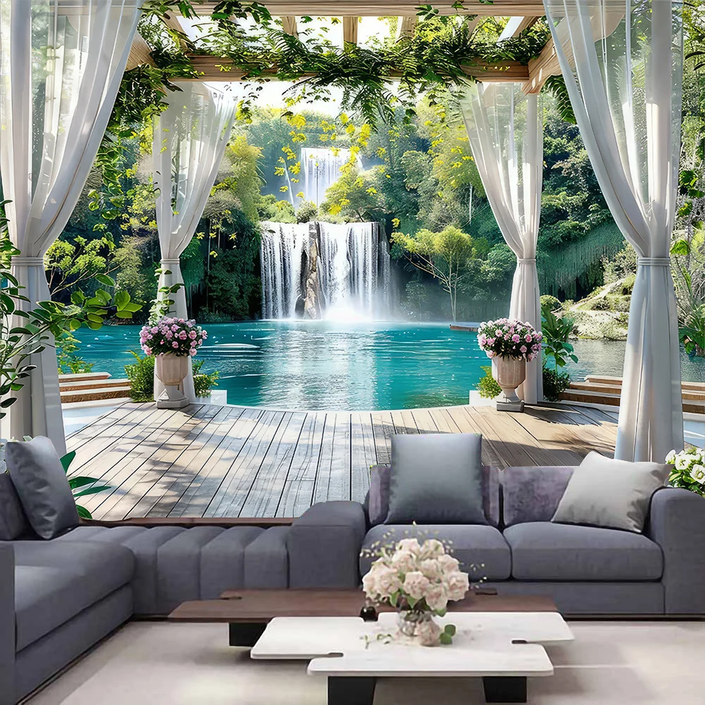 Green Nature Rainforest Waterfall Landscape River Wooden Bridge Scene Tapestry For Living Room Bedroom Party Decoration Banner