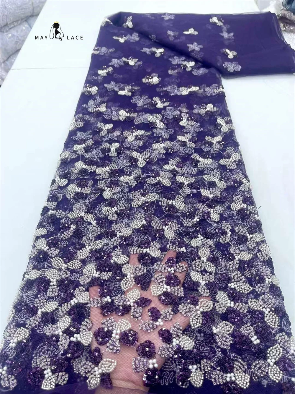 African Lace Fabric High Quality Luxury Handmade Beaded French Mesh Lace Fabric Nigerian Sequins Lace for Women Wedding Dress