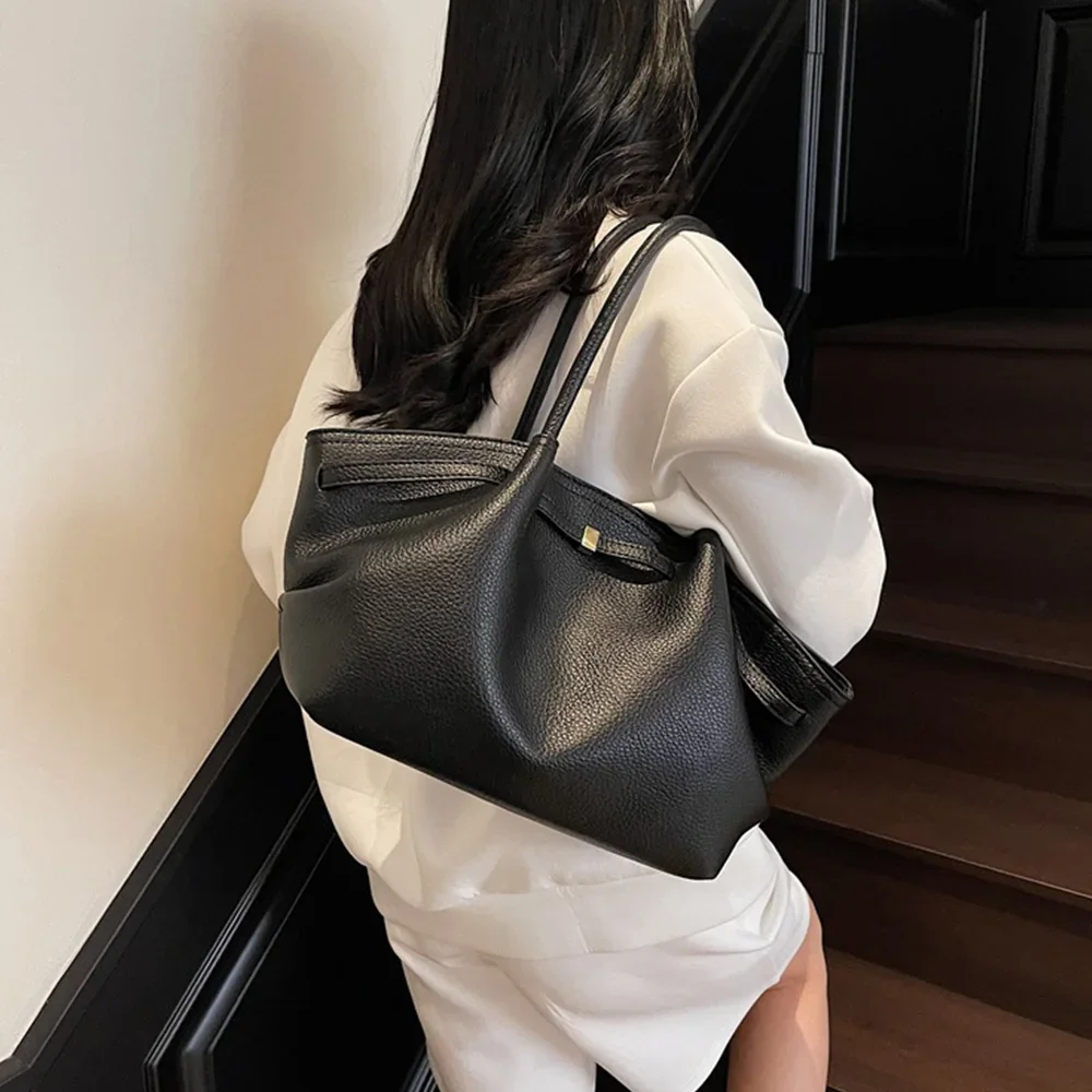 Luxuriöse Lychee-Muster Schultertaschen aus PU-Leder Einfarbige Damenhandtaschen Große Kapazität Tragetasche Reisehandtaschen – Detail 4