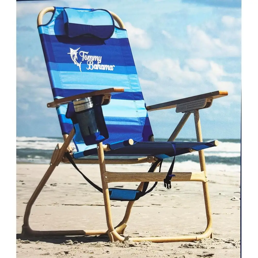 

4-Position HI-BOY olding Beach Chair with Wooden Chair Handle (Blue Stripes)