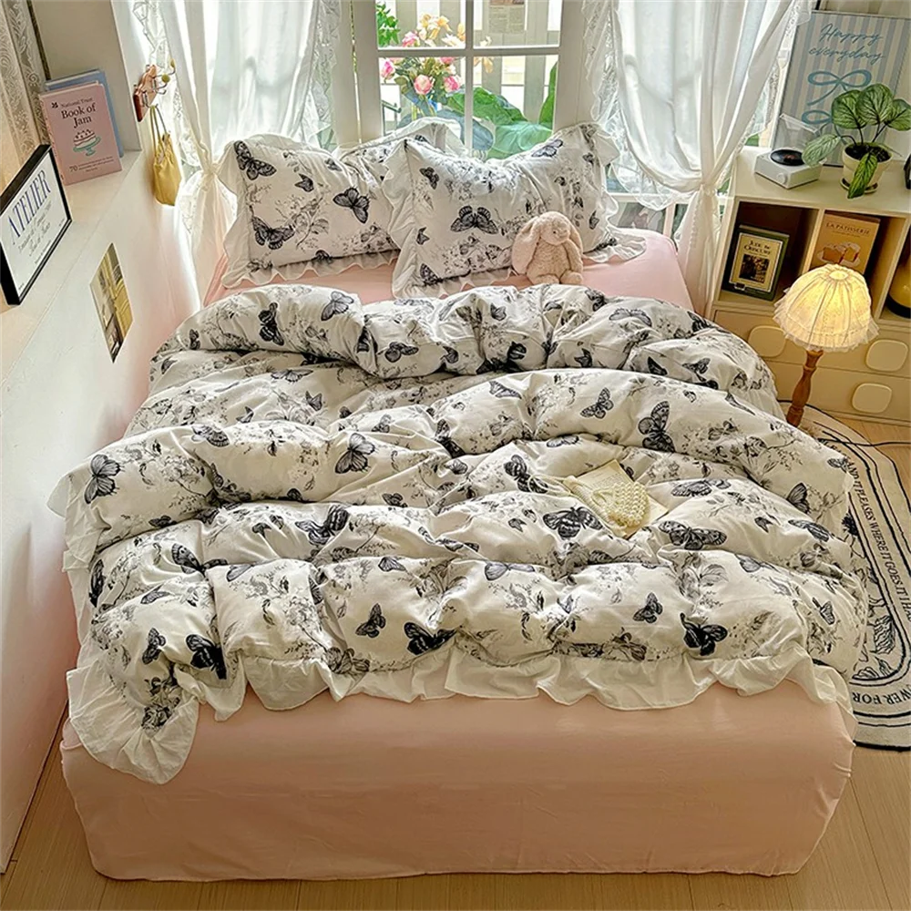 

Ins Butterfly Duvet Cover Set Quilt Set Minimalist Style Cream Bed Set Of Four Pieces, Home Luxury Bedding Set Bed Sheets