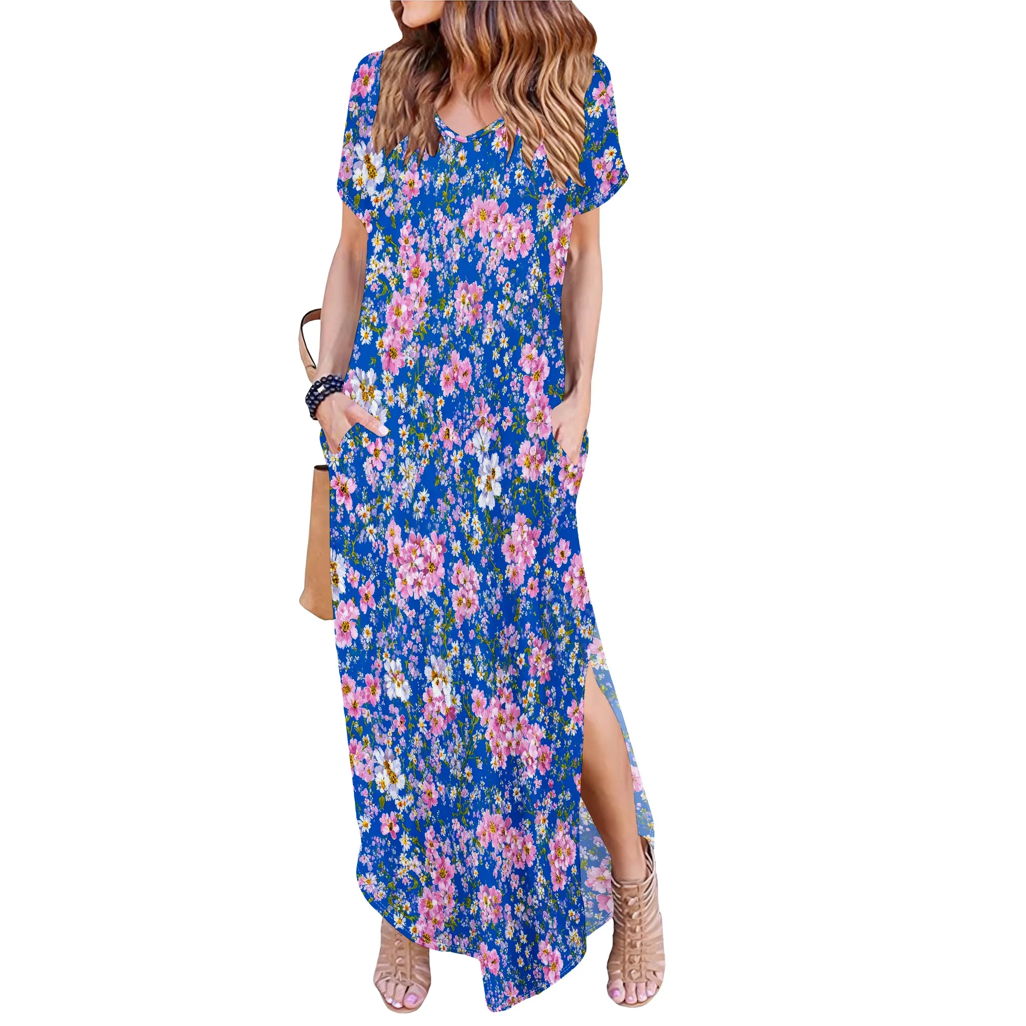 Women's Casual Loose Sundress Short Sleeve V Neck Long Dress Split Maxi Summer Beach Dress with Pockets