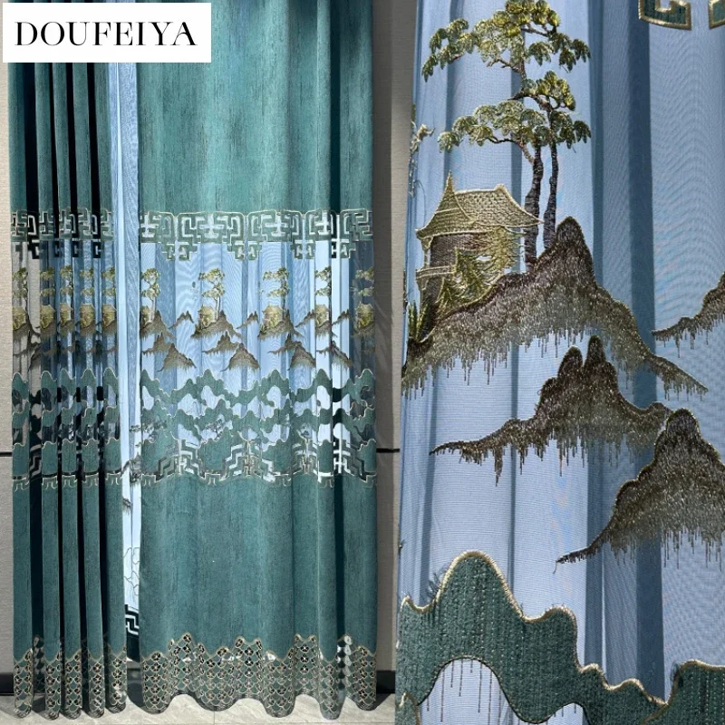 

Chinese Style Landscape High-end Embroidered Chenille Curtains for Living Room Bedroom Dining Hall Study Custom Size Decor Tulle