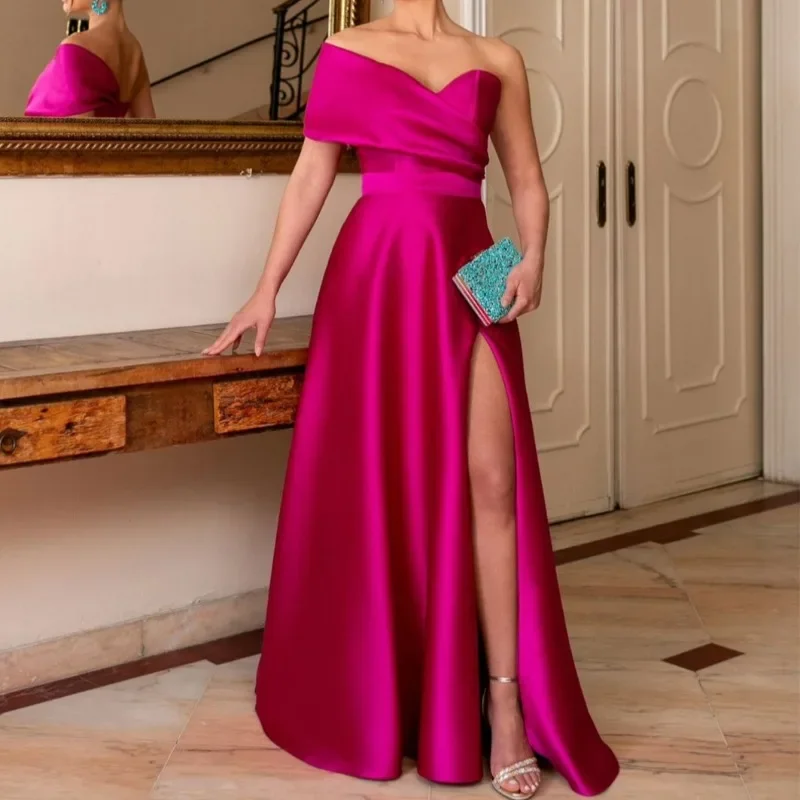 Customized Elegant Fuchsia Satin Floor Length Evening Dresses Side High Slit A-Line One Shoulder Lace Up Back Wedding Guest Dres