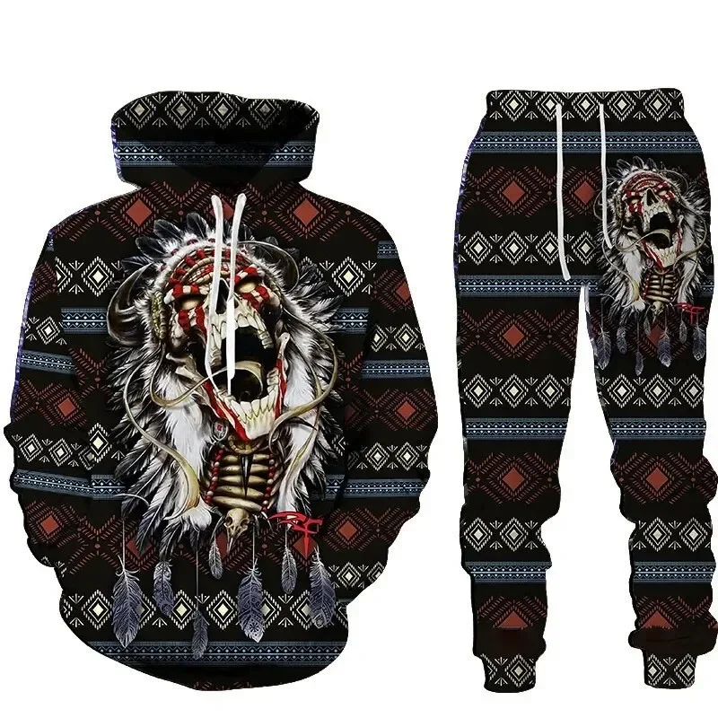 Fashion Skull Graphic Printed Hoodie Suit For Men Casual Sweatshirt Loose Sweatpants Autumn Two-piece Tracksuit Set Men Clothing