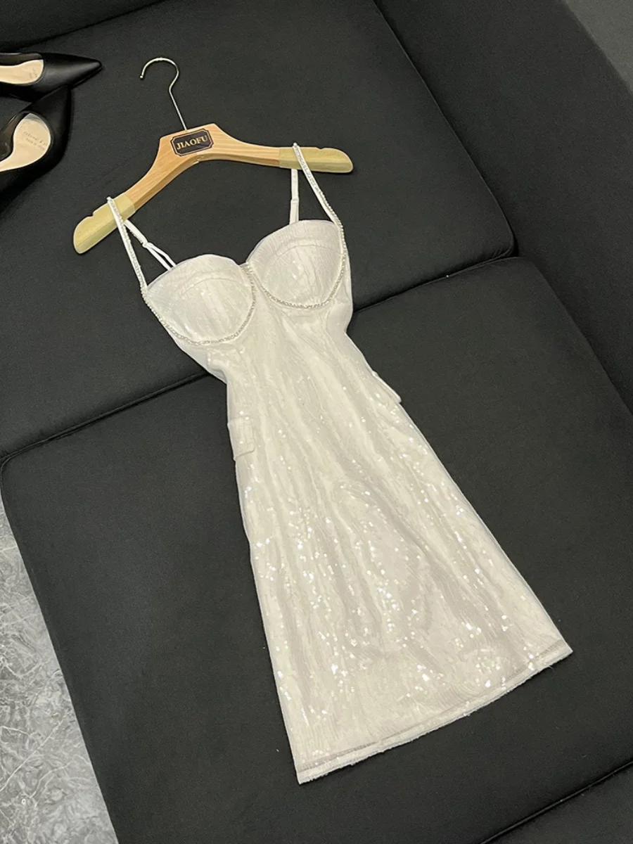 

Вечернее белое облегающее бальное платье с пайетками для женщин, элегантное, без бретелек, с завышенной талией, весна-лето