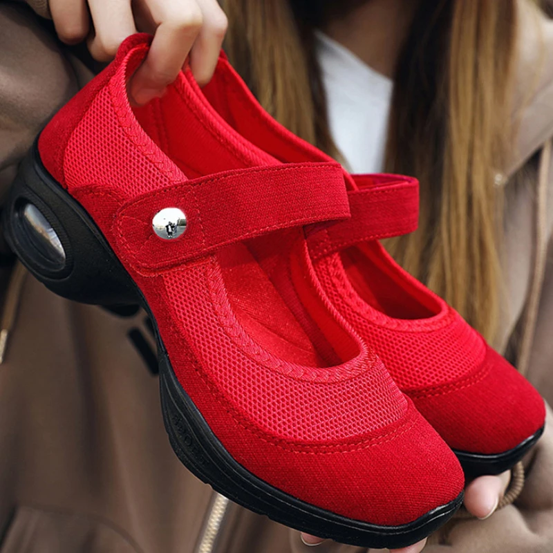 Women Mesh Wedges Sneakers Solid Color Platform Dance Shoes Casual Lightweight Walking Slip on Loafers Zapatillas De Mujer