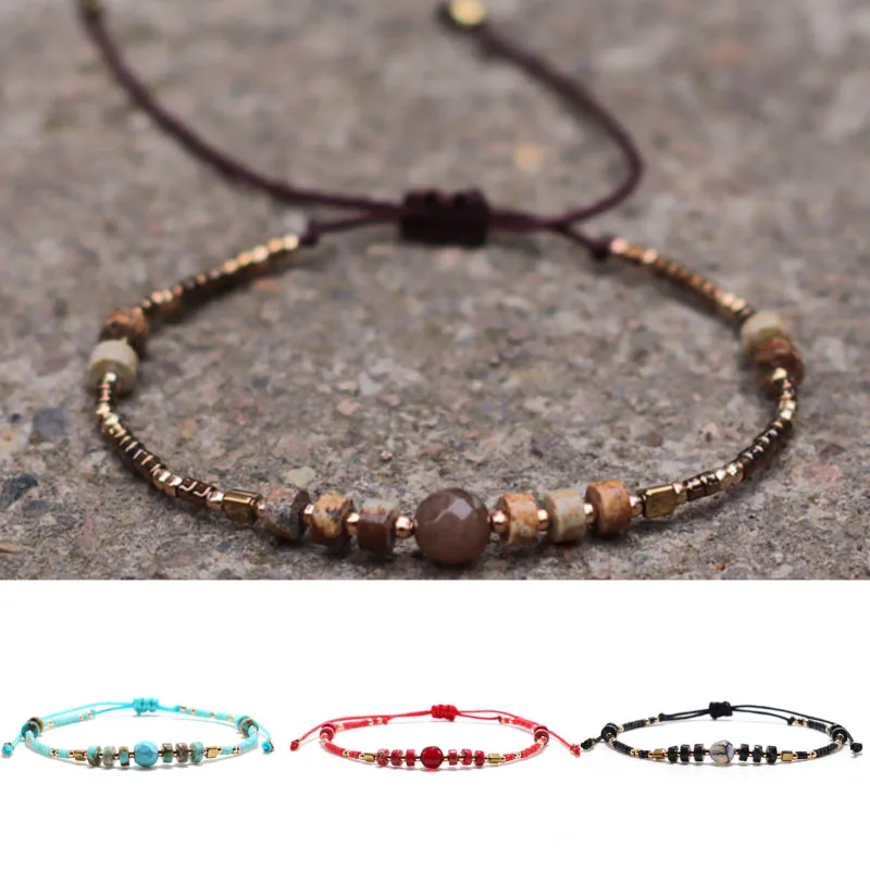 بوهيميا كريستال الأرز الخرز سوار المرأة قابل للتعديل متعدد الألوان اليدوية مضفر الشمع حبل سوار الشاطئ الصداقة هدية مجوهرات