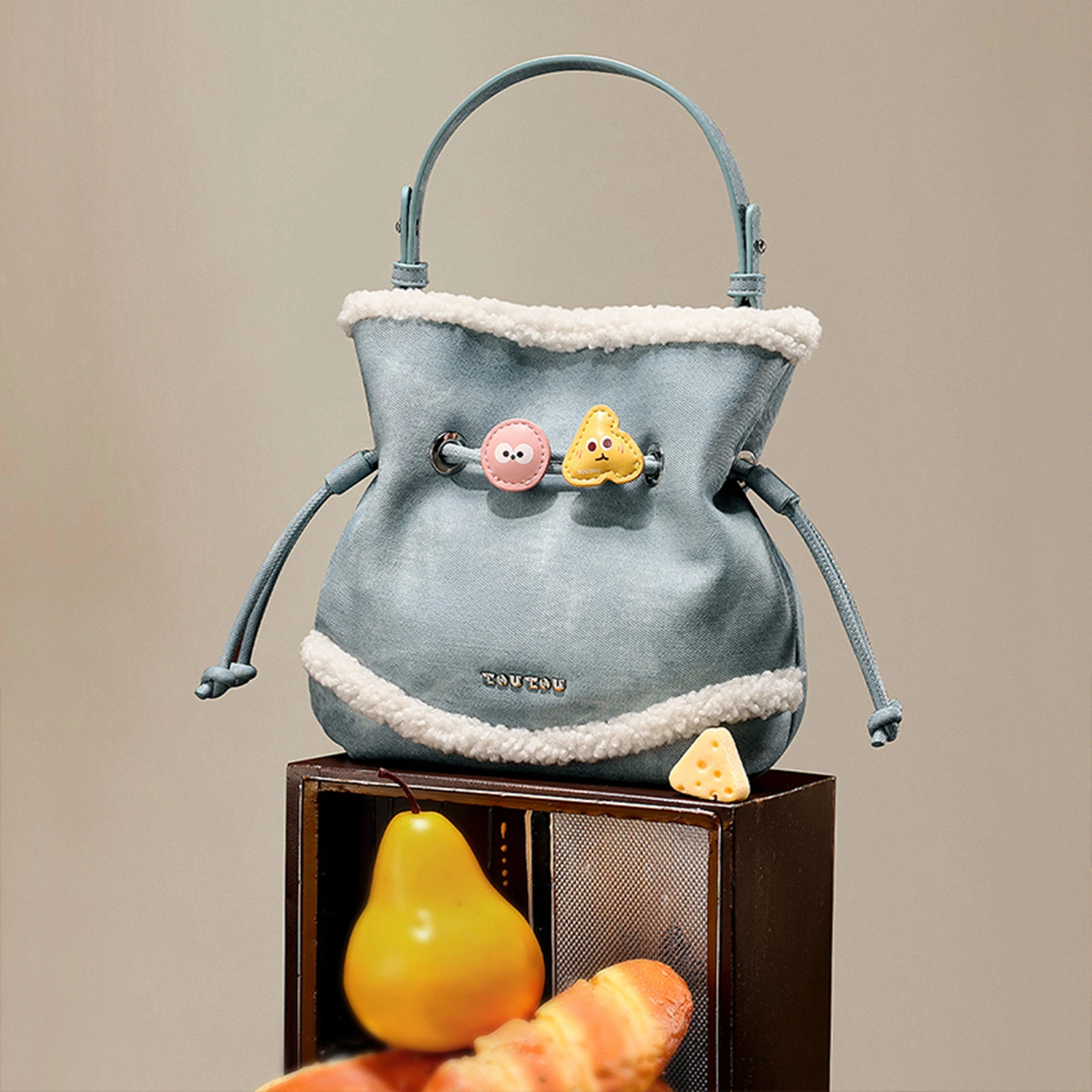 TOUTOU Plush Backpack Autumn Imitation Denim Drawstring Bucket Bag Original Designer Brand Crossbody Bag Women Christmas Gift