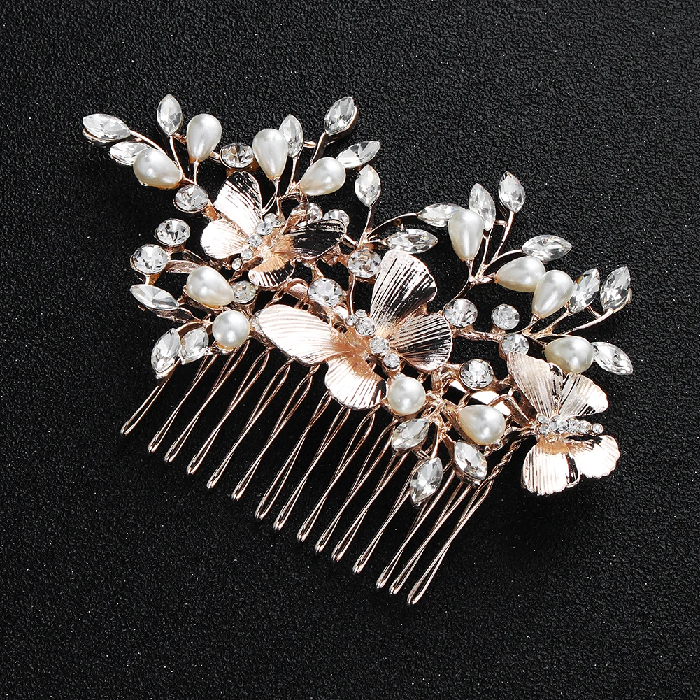 Golden Fashion Handmade Crystal Pearl Flower Hair Comb Luxury Metal Side Hair Clips Bridal Plate Hair Headdress Jewellery