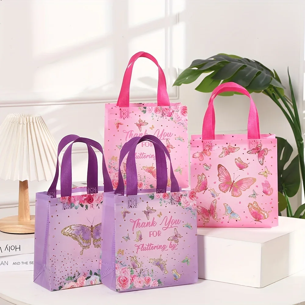 40pcs Butterfly Gift Bags Pink Purple Reusable Totes With Handles Non Woven Goodie Candy Bag For Butterfly Themed Birthday Party