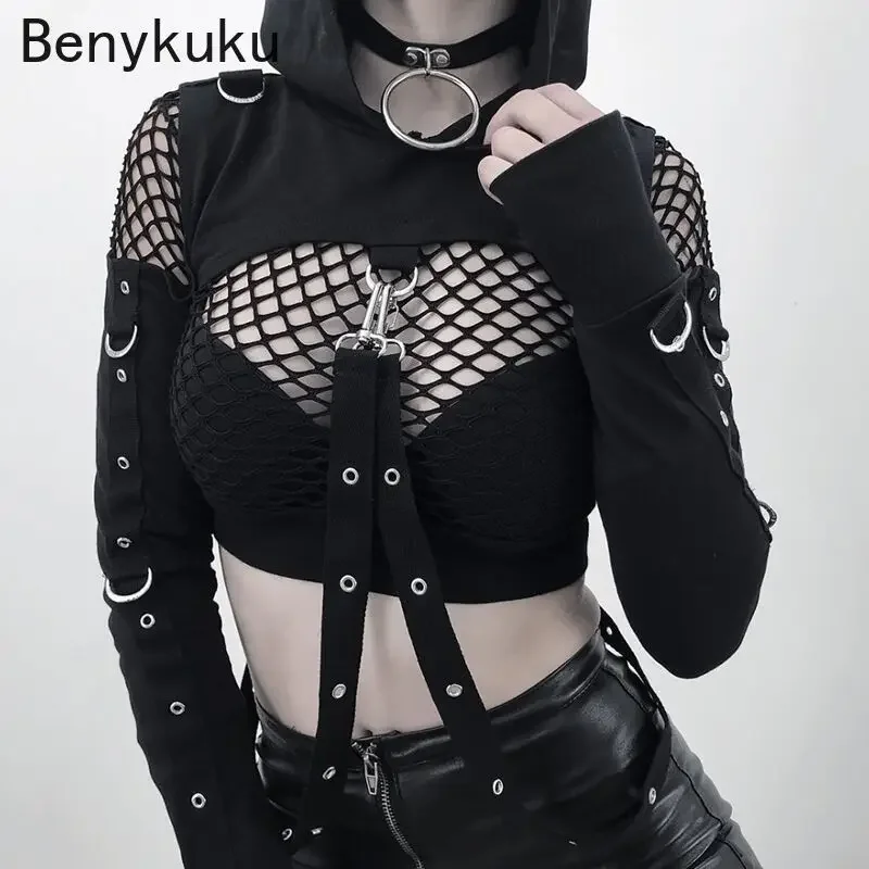 

Gothic Sexy Black Cold Shoulder Hooded Long Sleeve Cropped Tops Summer Women Cool Chain Fashion Woman Clothes Goth Hoodies 2024