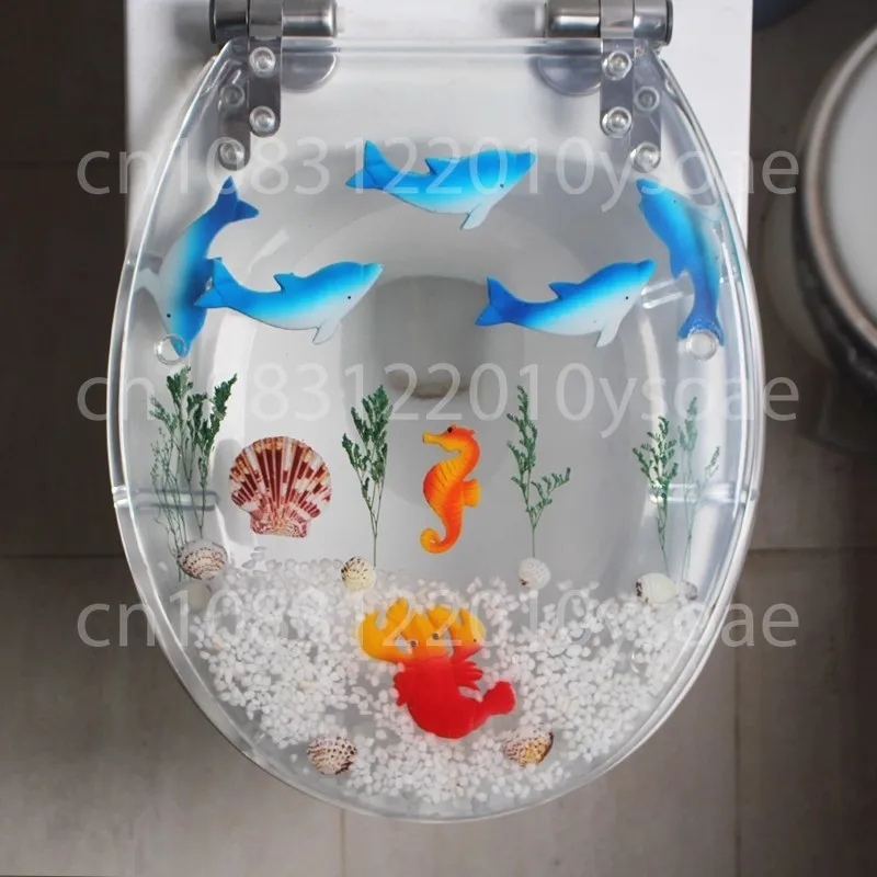 

Transparent resin toilet cover slowly lowered and thickened universal stainless steel hinge, real dolphin shell embedded