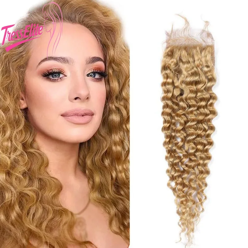 

Медовый блондин 4X4 Прозрачная кружевная застежка вьющаяся волна # 27, предварительно выщипанные человеческие волосы с детскими волосами, необработанные бразильские девственные волосы Remy