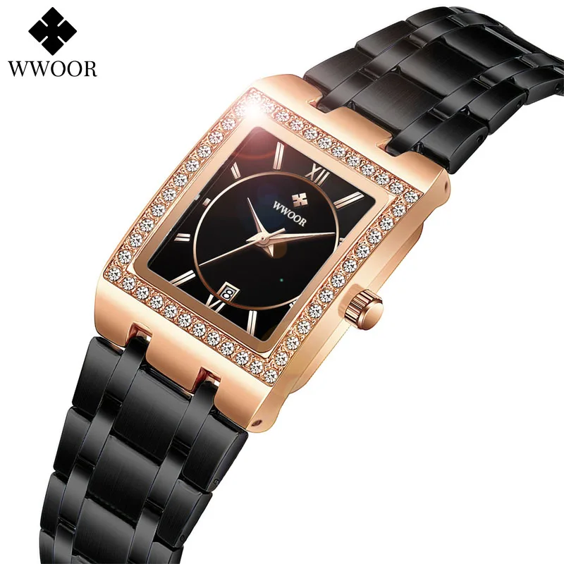 WWOOR Top Brand Luxury Fashion Watches For Women Ladies Square steel Wrist Watch Waterproof Female Quartz Clock Relogio Feminino