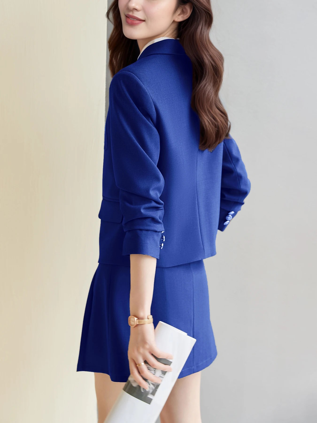 بدلة رسمية مكونة من قطعتين للنساء لربيع وخريف الكلية - سترة راقية ومجموعة تنورة قصيرة مطوية #2