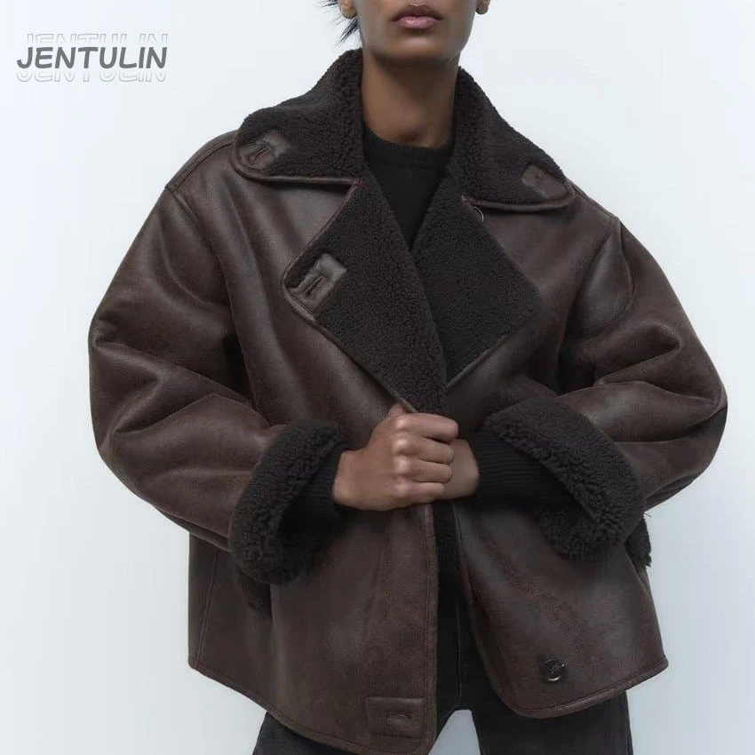 Oversized Faux Shearling Aviator Jacket Vintage Lapel Collar Leather Winter Warm Loose Biker Coat Casual Streetwear Outerwear